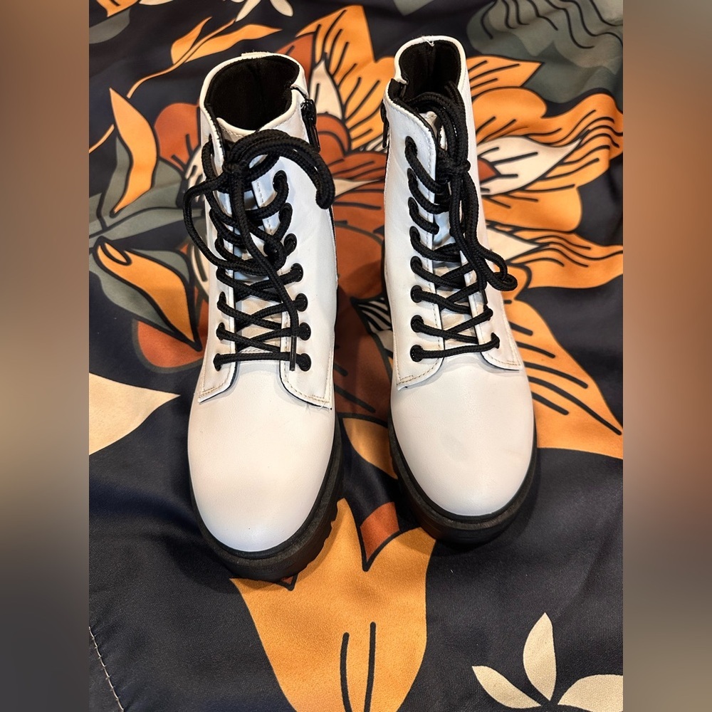 Qupid White and Black Combat Boots